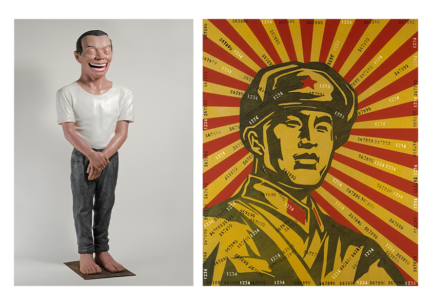 Œuvre 1 (à gauche) - YUE Minjun, Contemporary Terracota Warriors, 2011 Œuvre 2 (à droite) - WANG Guangyi, The Face of Faith N°3, 2003